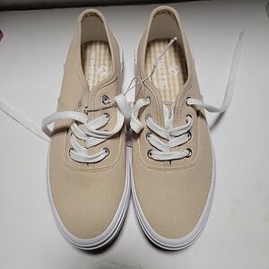 Kinetic Energy Women Memory Foam Lace Up Canvas Sneakers Shoes Beige White Sz 10
